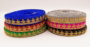 Green Art Silk Trim with Gold Floral Embroidery and Gold Sequins Indian Sari Border Trim By 3 Yards Decorative Trim Craft Lace